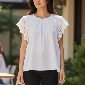 LOFT White Crochet Flutter Sleeve Blouse